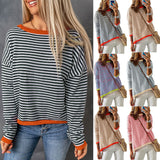 Women's Clothing Crew Neck Striped Contrasting Color Long-Sleeved Casual Sweater