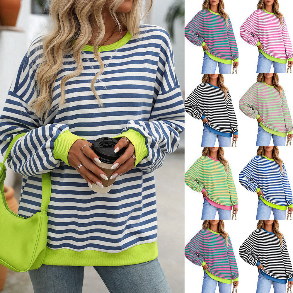 Women's Colorful Striped Crew Neck Loose Sweatshirts