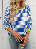 Women's Clothing Crew Neck Striped Contrasting Color Long-Sleeved Casual Sweater