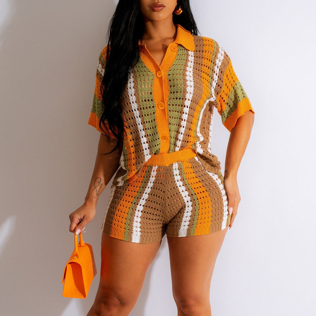 Women's Sexy Hollow See-Through Contrast Color Lapel Knitted Shorts Sets