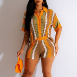 Women's Sexy Hollow See-Through Contrast Color Lapel Knitted Shorts Sets