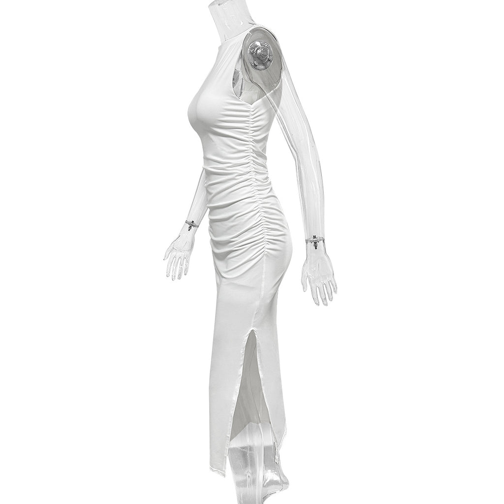 Women's Summer Sexy Fashion Round Neck Dress Pleated Hip-Wrapped Slim Slit Long Dresses