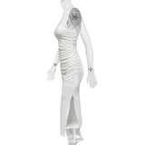 Women's Summer Sexy Fashion Round Neck Dress Pleated Hip-Wrapped Slim Slit Long Dresses
