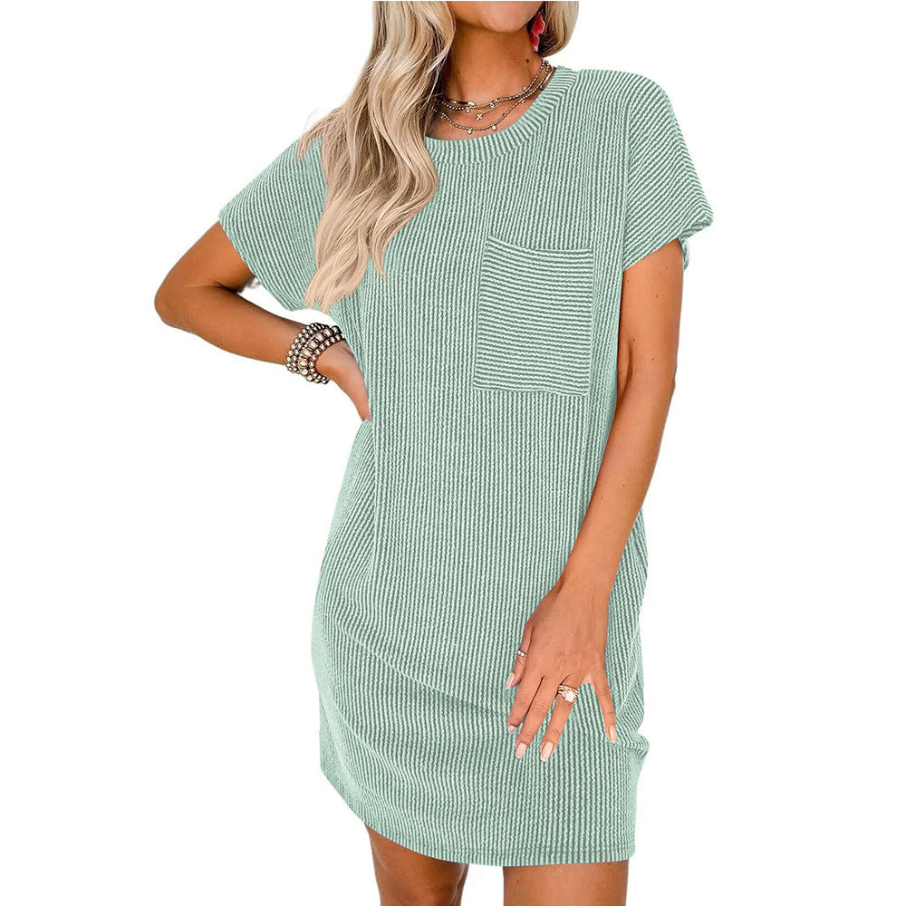Women's Summer Casual Contrast Color Twist Striped Short Sleeve Pocket Dresses