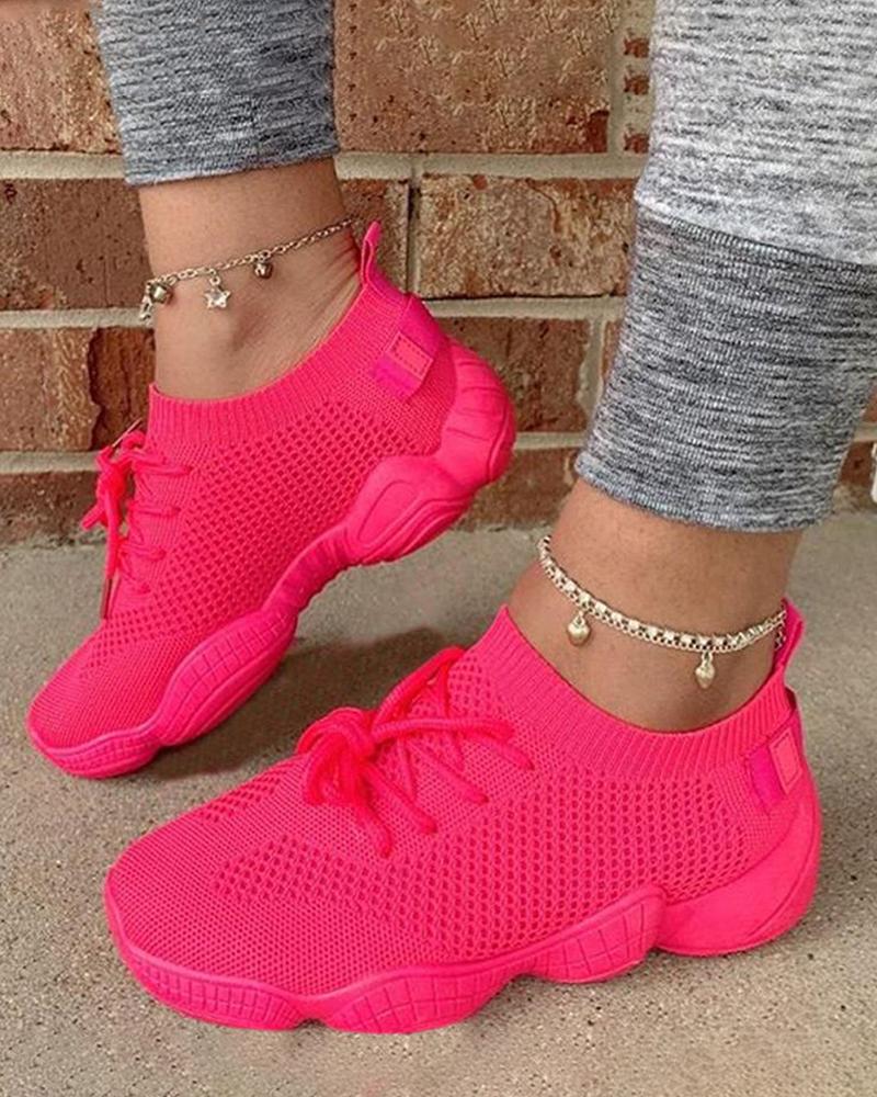 Kimemoda Breathable Solid Color Elastic Cuff Lace-up Comfortable Sneakers