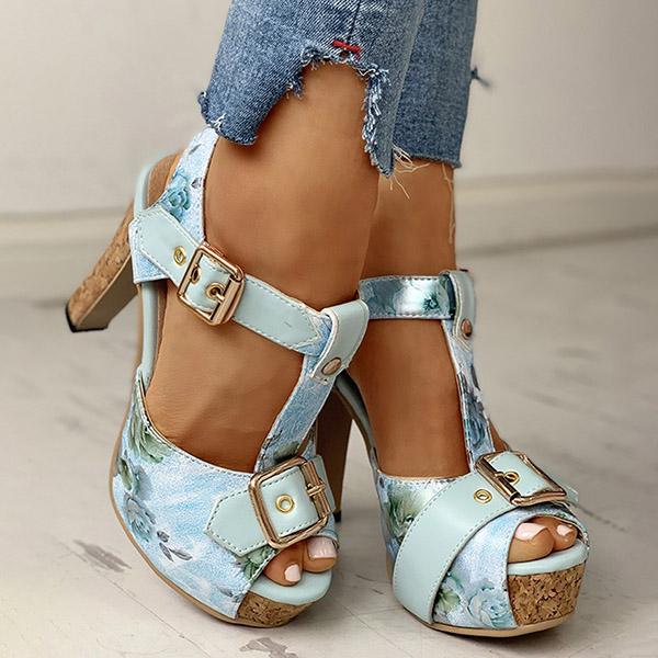 Kimemoda Flower Print Peep Toe Platform Sandals T Strap Ankle Buckle Slingback Chunky Heels