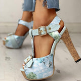 Kimemoda Flower Print Peep Toe Platform Sandals T Strap Ankle Buckle Slingback Chunky Heels