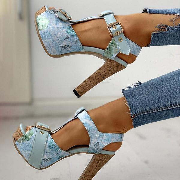 Kimemoda Flower Print Peep Toe Platform Sandals T Strap Ankle Buckle Slingback Chunky Heels
