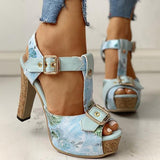 Kimemoda Flower Print Peep Toe Platform Sandals T Strap Ankle Buckle Slingback Chunky Heels
