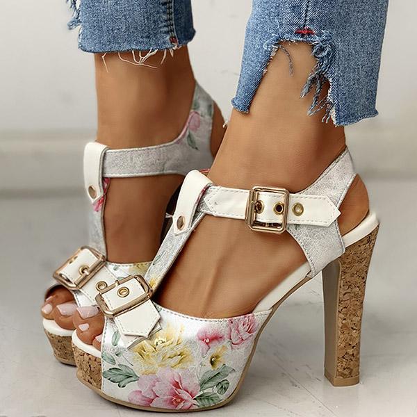 Kimemoda Flower Print Peep Toe Platform Sandals T Strap Ankle Buckle Slingback Chunky Heels