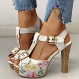 Kimemoda Flower Print Peep Toe Platform Sandals T Strap Ankle Buckle Slingback Chunky Heels