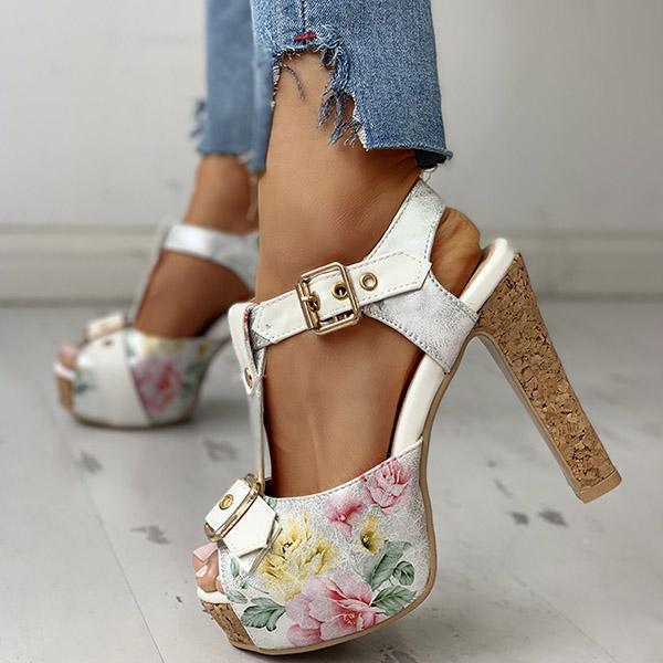 Kimemoda Flower Print Peep Toe Platform Sandals T Strap Ankle Buckle Slingback Chunky Heels