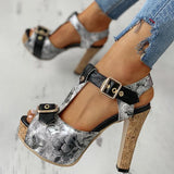 Kimemoda Flower Print Peep Toe Platform Sandals T Strap Ankle Buckle Slingback Chunky Heels
