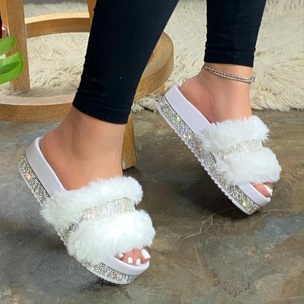 Kimemoda Womens Platform Flat Slippers Faux Fur Slip On Sandals