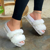Kimemoda Womens Platform Flat Slippers Faux Fur Slip On Sandals