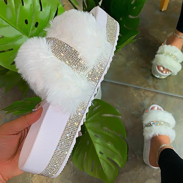 Kimemoda Womens Platform Flat Slippers Faux Fur Slip On Sandals