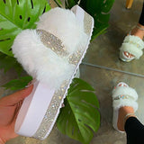 Kimemoda Womens Platform Flat Slippers Faux Fur Slip On Sandals