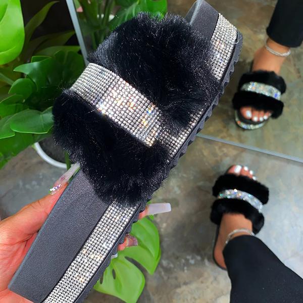 Kimemoda Womens Platform Flat Slippers Faux Fur Slip On Sandals