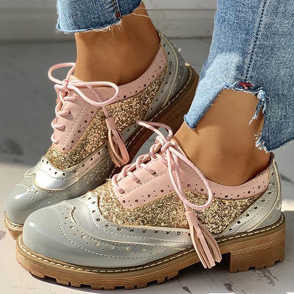 Kimemoda Womens Sequin Round Toe Ankle Boots Chunky Heel Booties