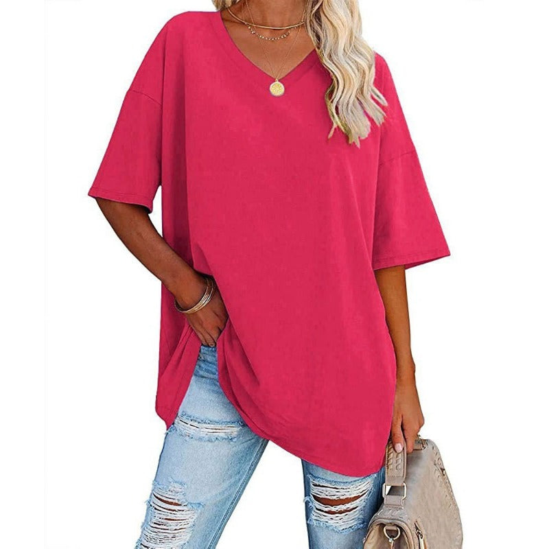 Womens Oversized T Shirts Summer Loose Fit Cotton Short Sleeve Basic Tees Casual V Neck Boyfriend Tunic Tops