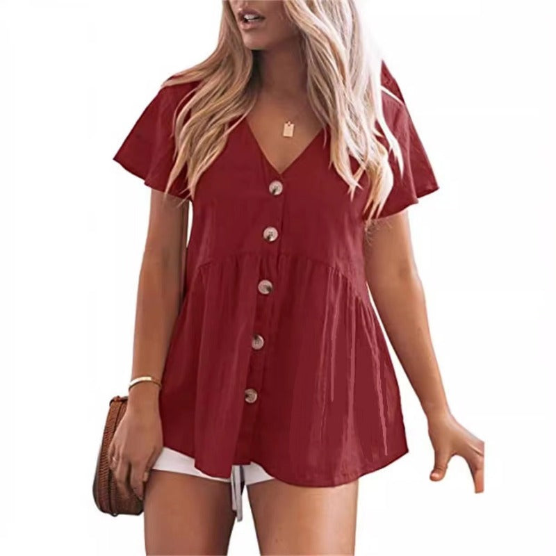Womens Short Sleeve V Neck Blouse Button Down Shirt Loose Casual Ruffle Hem Babydoll Peplum Tops