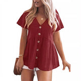 Womens Short Sleeve V Neck Blouse Button Down Shirt Loose Casual Ruffle Hem Babydoll Peplum Tops