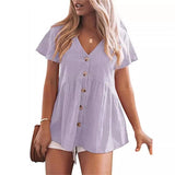 Womens Short Sleeve V Neck Blouse Button Down Shirt Loose Casual Ruffle Hem Babydoll Peplum Tops