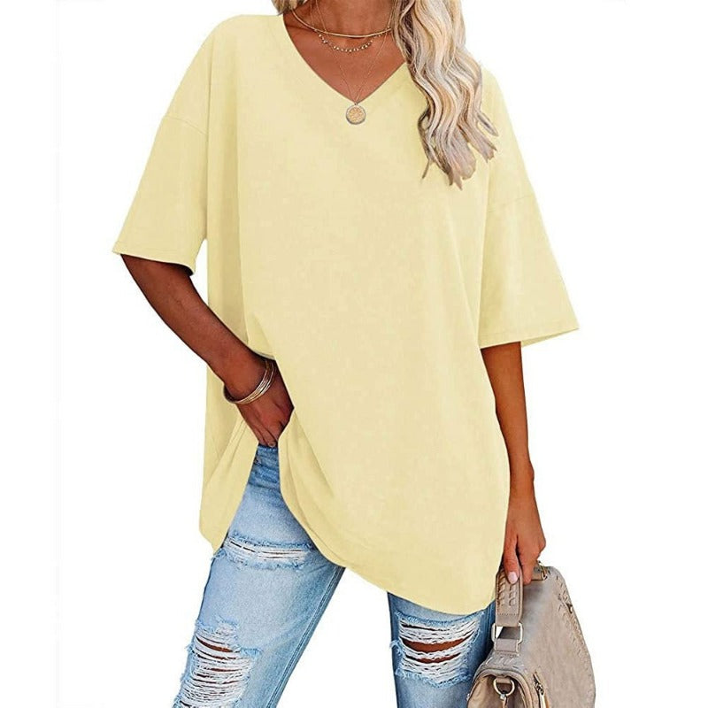 Womens Oversized T Shirts Summer Loose Fit Cotton Short Sleeve Basic Tees Casual V Neck Boyfriend Tunic Tops
