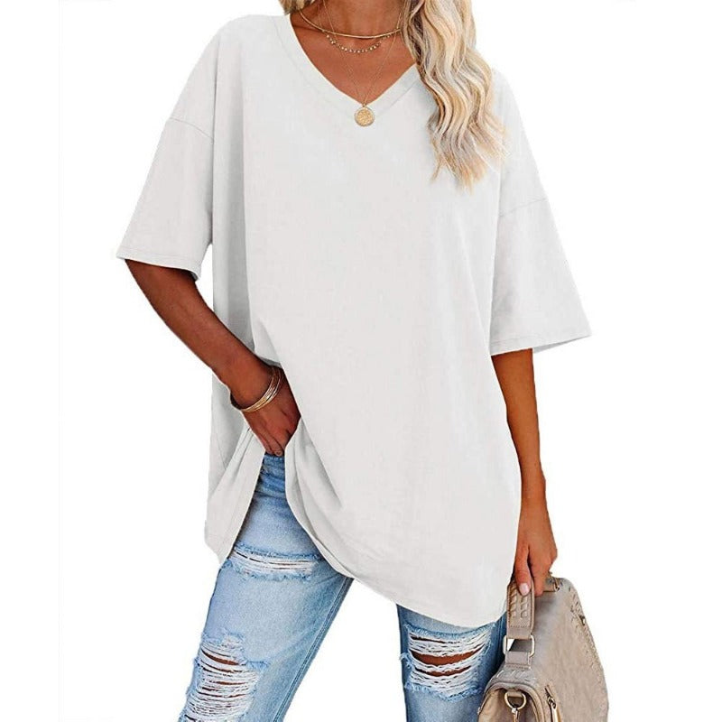 Womens Oversized T Shirts Summer Loose Fit Cotton Short Sleeve Basic Tees Casual V Neck Boyfriend Tunic Tops