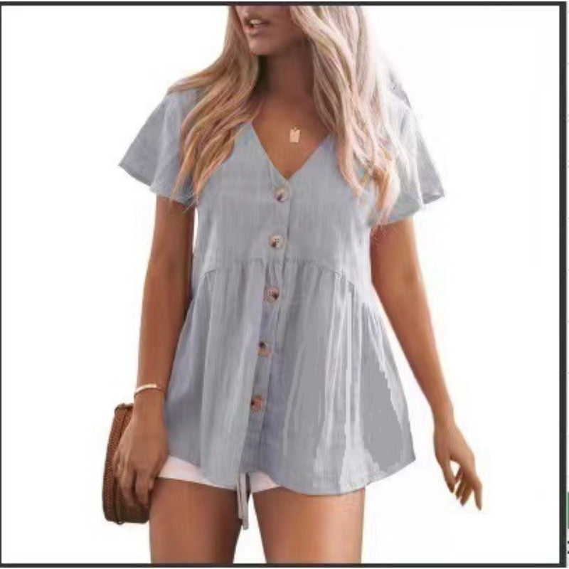 Womens Short Sleeve V Neck Blouse Button Down Shirt Loose Casual Ruffle Hem Babydoll Peplum Tops