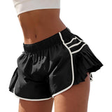 Womens Workout Gym Shorts Running Pleated Contrast Stitch Elastic Waist Athletic Quick Dry Shorts