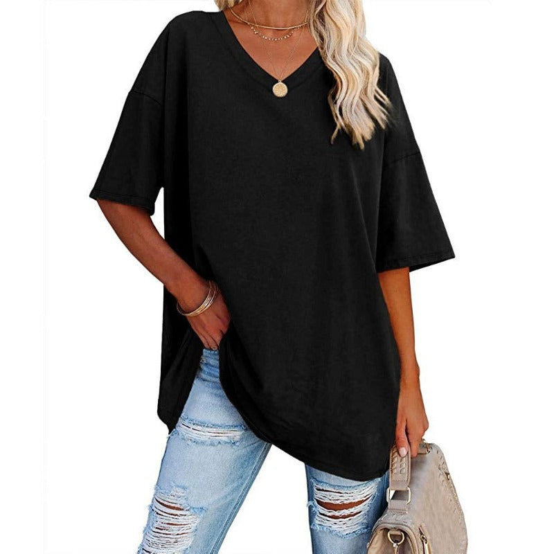 Womens Oversized T Shirts Summer Loose Fit Cotton Short Sleeve Basic Tees Casual V Neck Boyfriend Tunic Tops