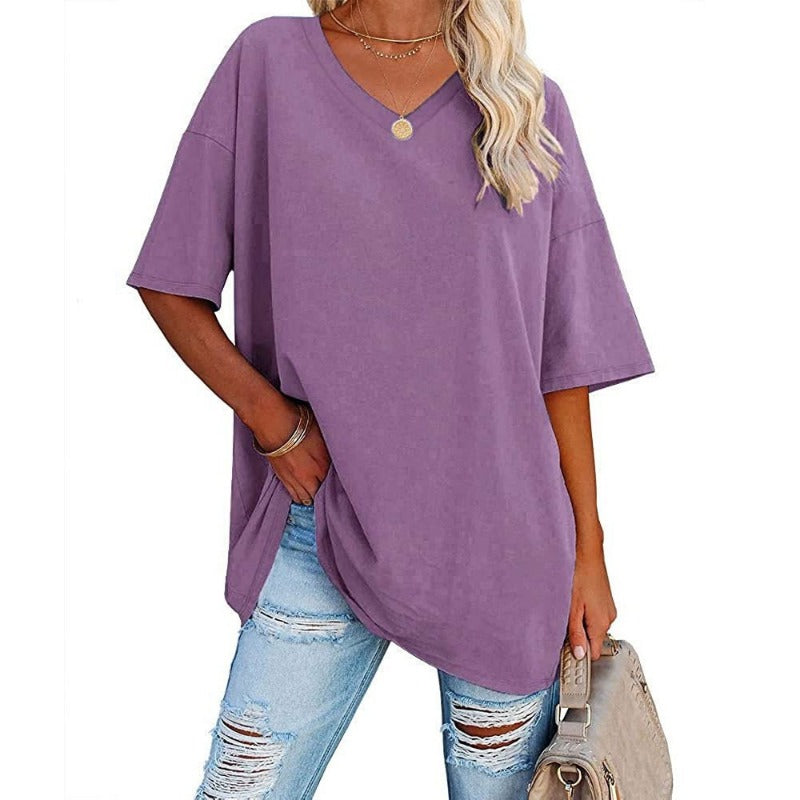 Womens Oversized T Shirts Summer Loose Fit Cotton Short Sleeve Basic Tees Casual V Neck Boyfriend Tunic Tops