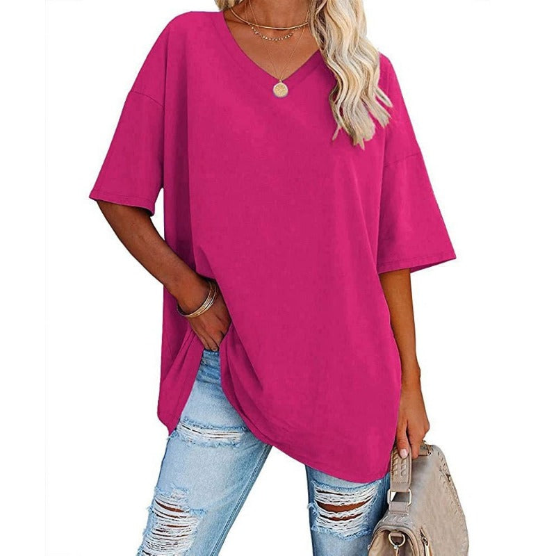 Womens Oversized T Shirts Summer Loose Fit Cotton Short Sleeve Basic Tees Casual V Neck Boyfriend Tunic Tops