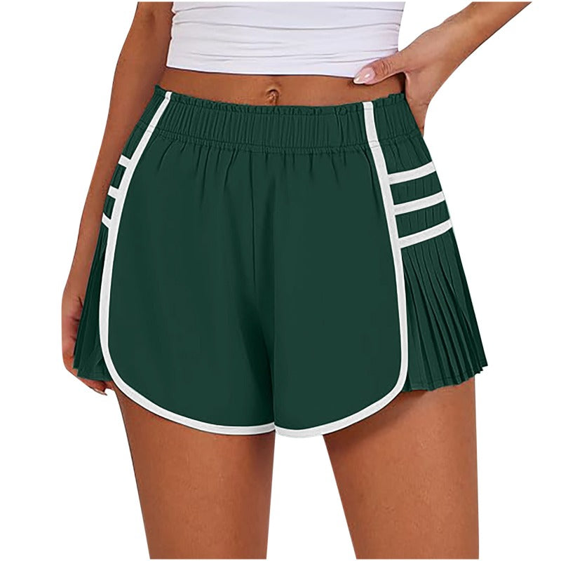 Womens Workout Gym Shorts Running Pleated Contrast Stitch Elastic Waist Athletic Quick Dry Shorts