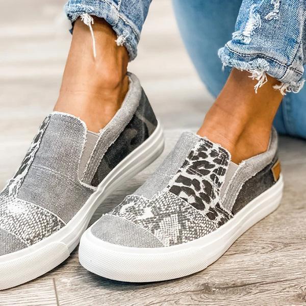 Kimemoda Pieced Raw Edge Animal Print Canvas Sneakers Slip-On Flats
