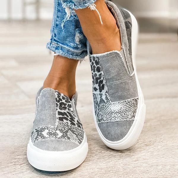 Kimemoda Pieced Raw Edge Animal Print Canvas Sneakers Slip-On Flats