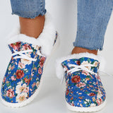 Plush Floral Print Warm Flats Fur Lining Ankle Snow Boots