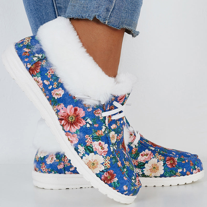 Plush Floral Print Warm Flats Fur Lining Ankle Snow Boots
