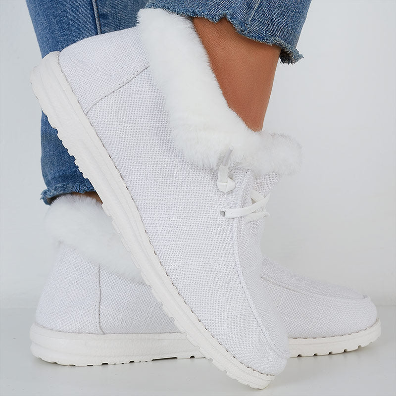 White Warm Flats Lace Up Snow Boots Faux Fur Lined Loafer Shoes