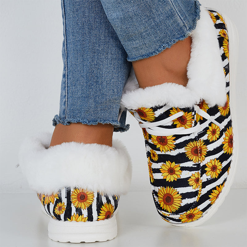 Sunflower Print Warm Flats Fur Lining Ankle Snow Boots