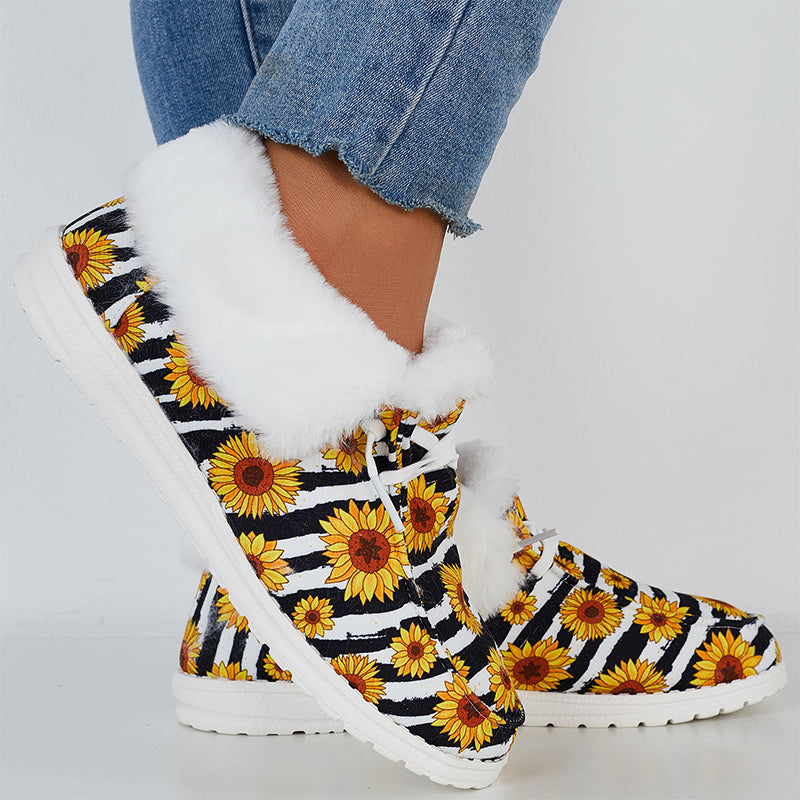 Sunflower Print Warm Flats Fur Lining Ankle Snow Boots