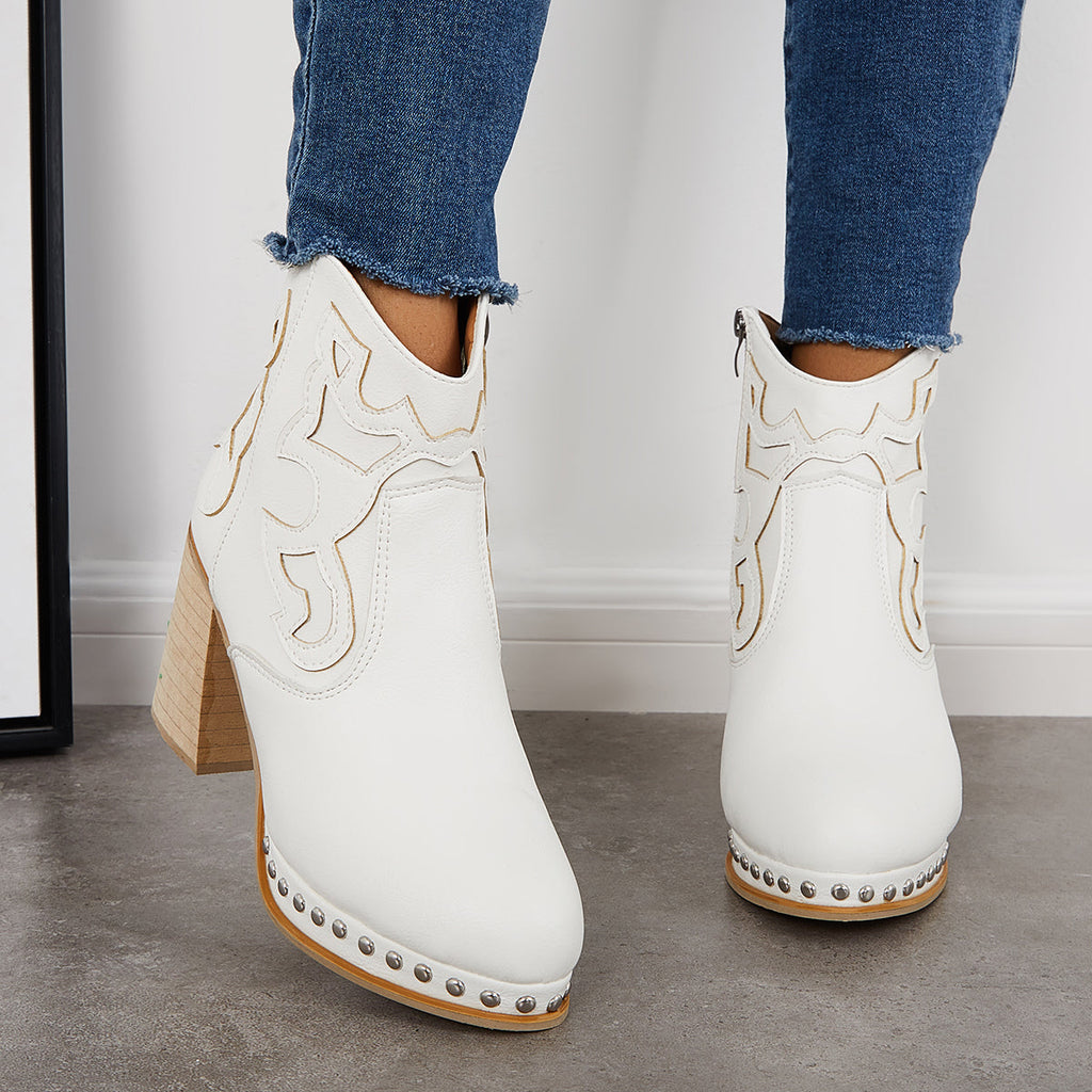 Embroidery Rivet Platform Chunky Heel Booties Western Cowgirl Ankle Boots
