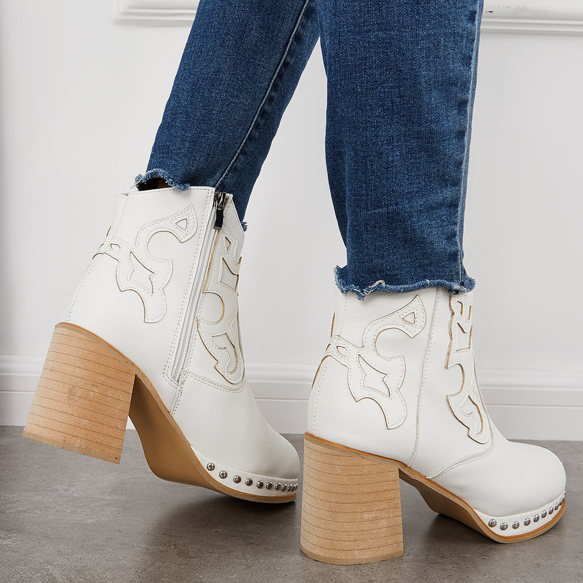 Embroidery Rivet Platform Chunky Heel Booties Western Cowgirl Ankle Boots