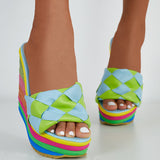 Braided Plaid Espadrille Platform Wedges Sponge Cake Slide Sandals