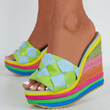 Braided Plaid Espadrille Platform Wedges Sponge Cake Slide Sandals