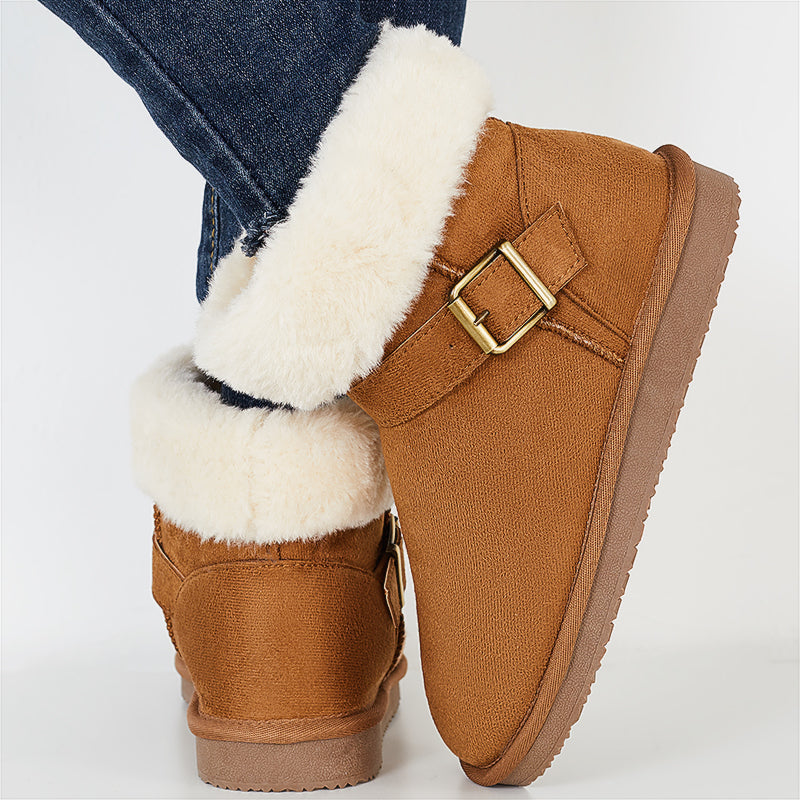 Warm Fur Lined Ankle Snow Boots Side Buckle Winter Booties