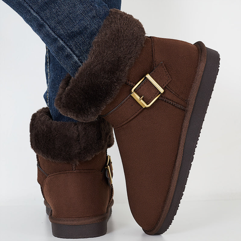 Warm Fur Lined Ankle Snow Boots Side Buckle Winter Booties
