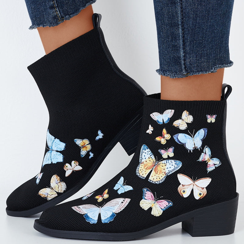 Round Toe Knitted Elastic Booties Pull on Block Heel Ankle Boots