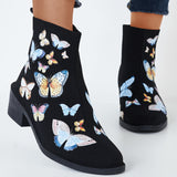 Round Toe Knitted Elastic Booties Pull on Block Heel Ankle Boots